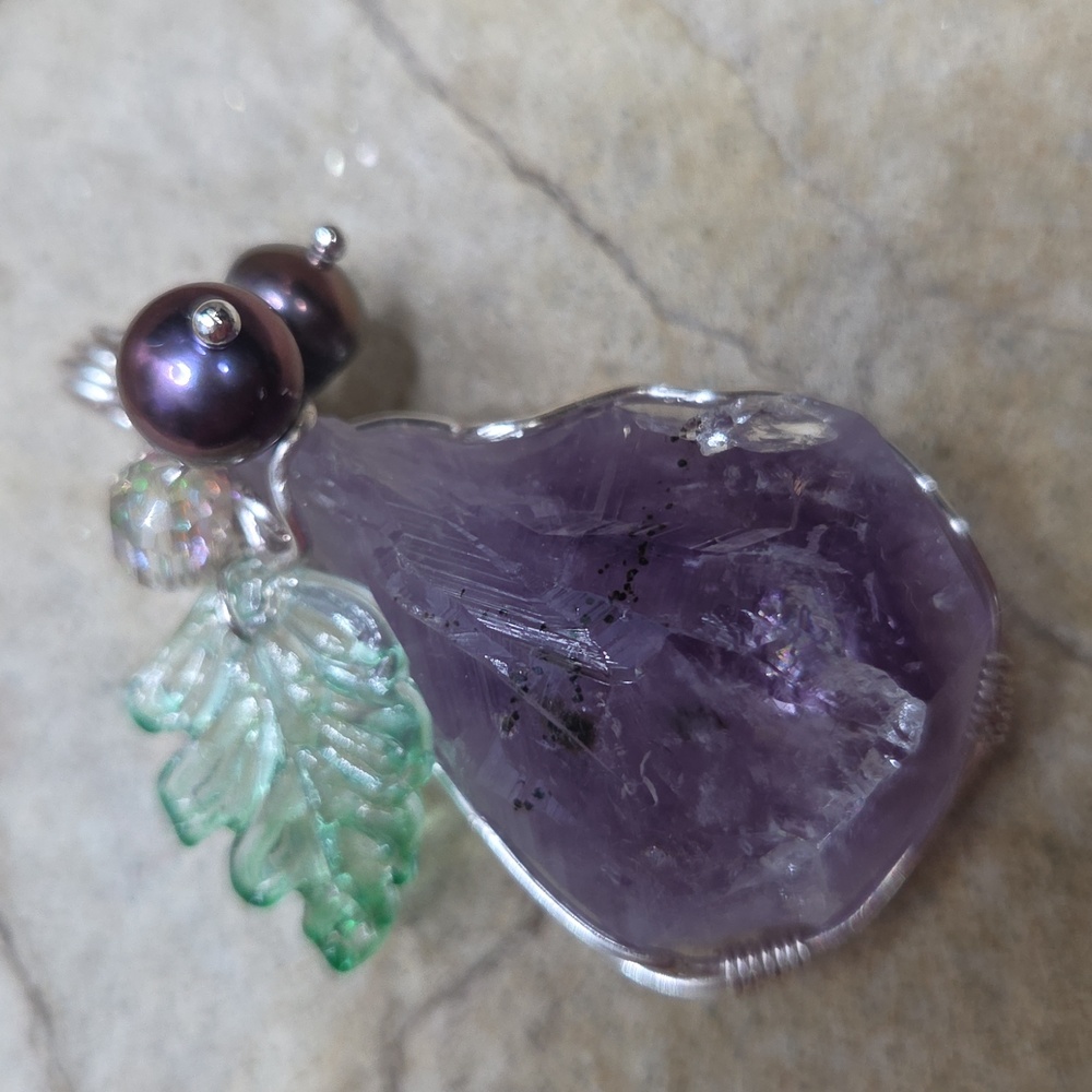 Purple Amathyst Wire Wrapped Pendant With Freshwater Pearl And Crystal